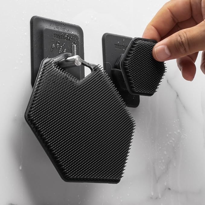 TOOLETRIES The Ultimate Silicone Scrubber Set - Charcoal | Complete silicone shower set with two scrubbers and matching removble and resuable holders for organised bathroom storage.