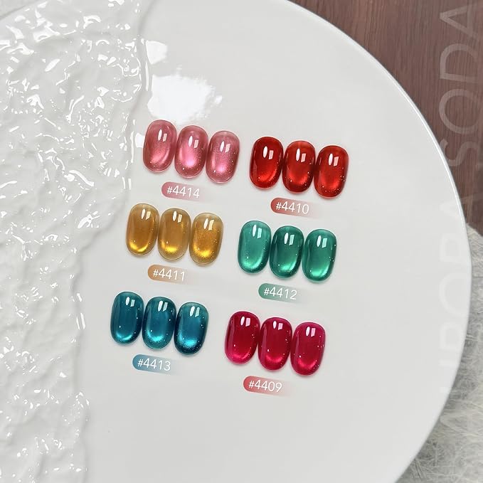 GAOY Glass Cat Eye Gel Nail Polish Set 6 Colors with Magnet, Aurora Soda | Gemstone Nail Art, UV Lamp Required, Red Green Blue Gold Pink Glitter Holographic, Christmas Holiday, DIY at Home Salon