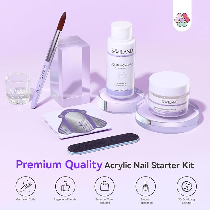 SAVILAND Acrylic Nail Kit for Beginners, Home Practice Set | 30g Clear Acrylic Powder and Liquid Set, #12 Nail Brush, Forms & Manicure Tools, For Extensions DIY 3D Nail Art Sculpting