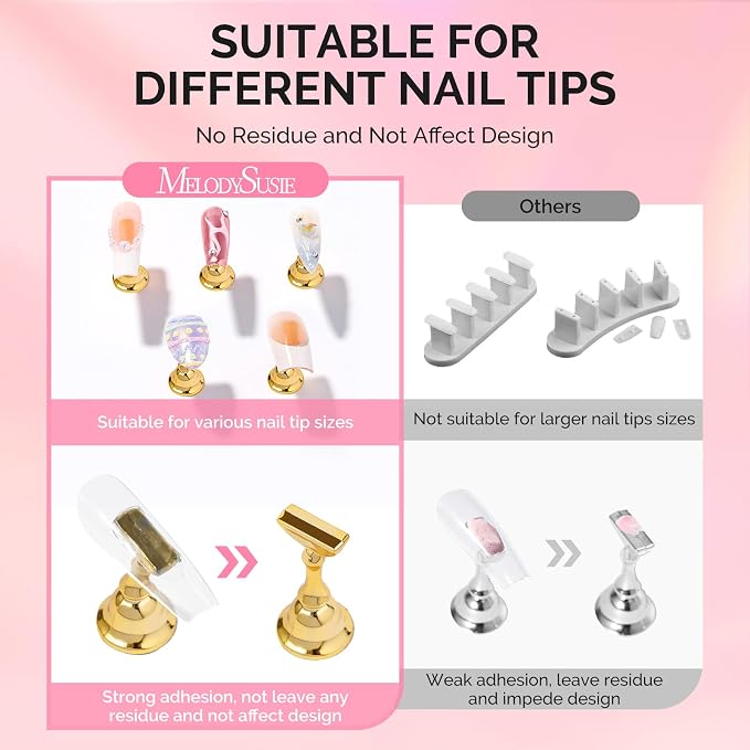 MelodySusie Nail Stand for Press Ons, Big Transparent Acrylic Magnetic Base for Practice Painting Display with Brush Holder and 100 Pcs Reusable Double-Sided Tape for Home DIY Salon Supplies