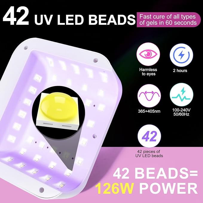 Led Nail Lamp, 126W Gel Nail Light Rechargeable Professional Lamp 42 Durable UV LED Beads Automatic Sensor Fast & Even Curing All Gel Polish Manicure at Home and in Salons(Pink Diamond)