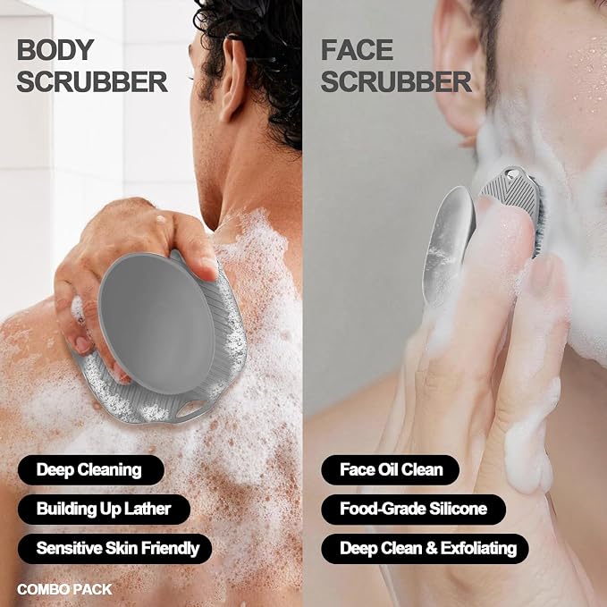 Soft Silicone Body Scrubber, Face Scrubber Silicone, Gentle Texture Exfoliating Body Scrubber for Men and Women On Sensitive Skin, Back Large Suction Cup for Easy Dry and Store (Gray)