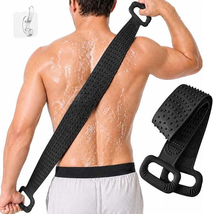 Manmihealth 36'' Extendable Silicone Back Scrubber for Shower Black | Back Washer with Long Strap Handle, Dual-Sided Silicone Body Brush for Men and Women