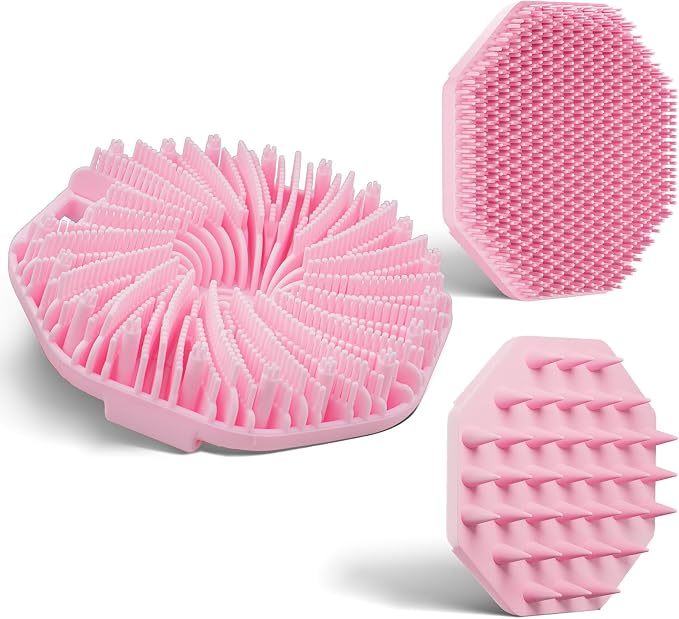 3 Soft Silicone Skin Scrubbers - Body Scrubber Exfoliating Brush Bath Shower Tool, with Gentle Manual Face Cleansing Wash Scrubber, with Hair Scalp Massager Shampoo Brush (Pink)