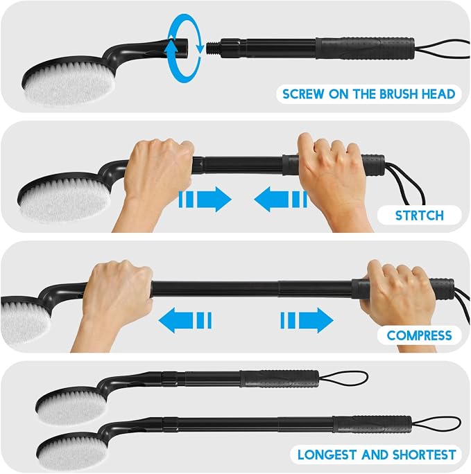 Long Handle Back Scrubber for Shower, 25.7” Telescopic Anti-Slip Bath Brush, Easy Reach Back Cleaner for Exfoliating Dead Skin, Great for Elderly, Disabled & Hard-to-Reach Areas