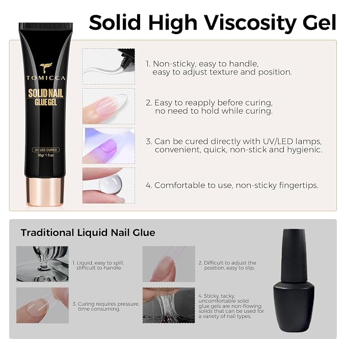 TOMICCA 5 in 1 Gel Nail Glue, UV Nail Glue for Press ons, UV Lamp Required | 30g Semi Solid Nail Gel Glue, Strong Nail Glue on Nails Tips, for Fake Acrylic Nails Extension, Long Lasting