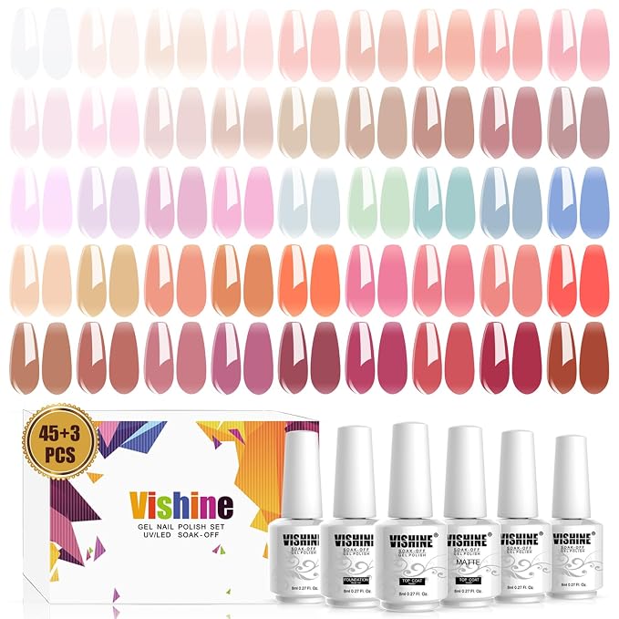 Vishine Gel Nail Polish Starter Kit with UV LED Nail Lamp, 45ColorSheer Milky Pink Jelly Nude Transparent Gel Polish, Top Coat, Base Coat & Matte Top Coat with Essential Nail Art Manicure Tools Set