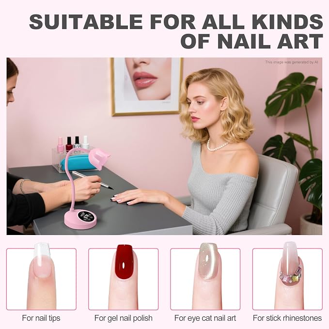 MEKK Flash Cure Nail Lamp,30W Cordless Mini UV Light for Gel Nails | Gooseneck, auto sensor, 4 timers (10/30/60/90s), portable, USB-C, single nail curing, salon & home, pink