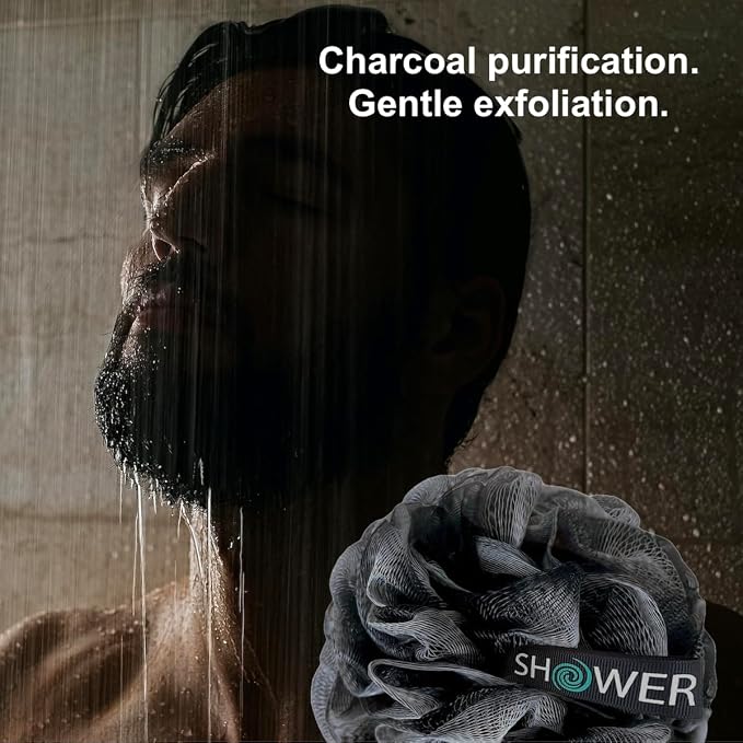 SHOWER BOUQUET Charcoal Back-Loofah-with-Handle | 2-Pack Loofa Stick Lufa | Bath-Sponge Brush Luffa | Long Handled Loofah on a Stick for Men & Women | Exfoliating Mesh Back Scrubber for Shower & Bath