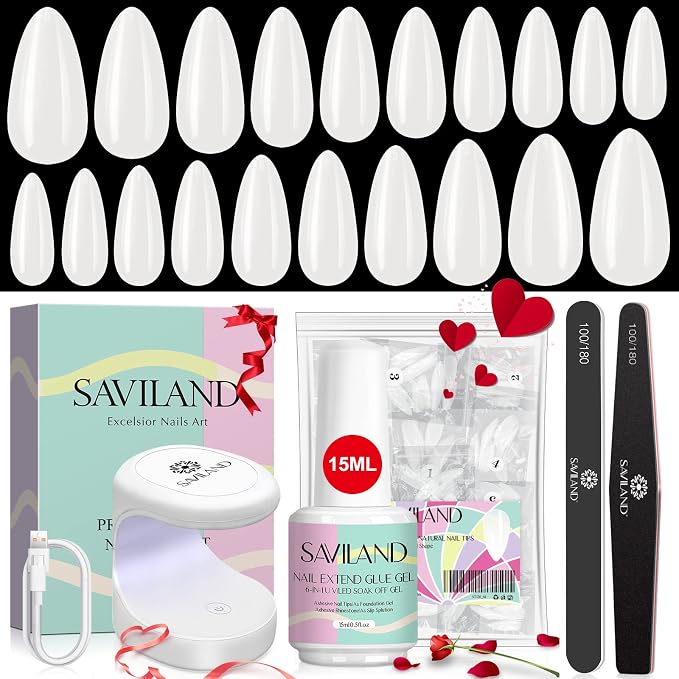 SAVILAND Gels Nail Kit Almond: Natural Nail Tips 500 Pcs and 4 In 1 Nail Glue Gel, U V/LED Nail Lamp Pre-shaped White Full Cover False Nails for Acrylic Nail Kit Nail Art DIY Salon At Home Gift
