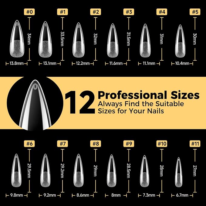 UNA GELLA Long Stiletto Gel Nail Tips 600Pcs Long Stiletto Almond Nail Tips | Pre Etched Clear Fake Nails Press on Nails No C Curve for DIY Art Salon at Home 12 Sizes