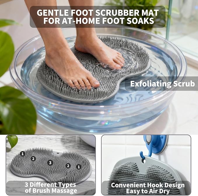 Shower Foot Scrubber Mat with 3 Types of Upgraded Brushes for Massage, Shower Back Scrubber with Micro Suction Cups,Back Washer,Shower Scrubber for Body at Home Spa (Gray)