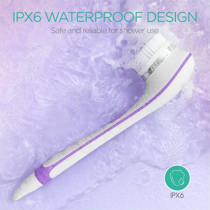 VOYOR Electric Body Brush for Showering, Back Scrubber for Shower, Purple | Rechargeable Exfoliating Bath Brush Powered Shower Brush Non-Slip Long Handle Deep Cleansing, Massaging Brush Women Men BC100