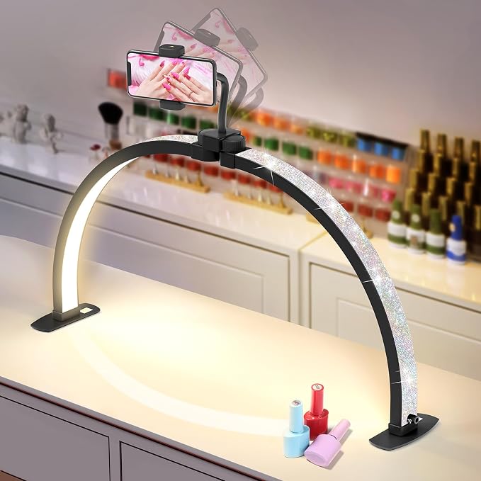 Yokilly Half Moon Light for Nail Desk: 29" Foldable Nail Light for Desk | Arch Nail Tech Light with Phone Holder for Beginner - 3 Color Modes & 10 Brightness for Manicure Salon-Black