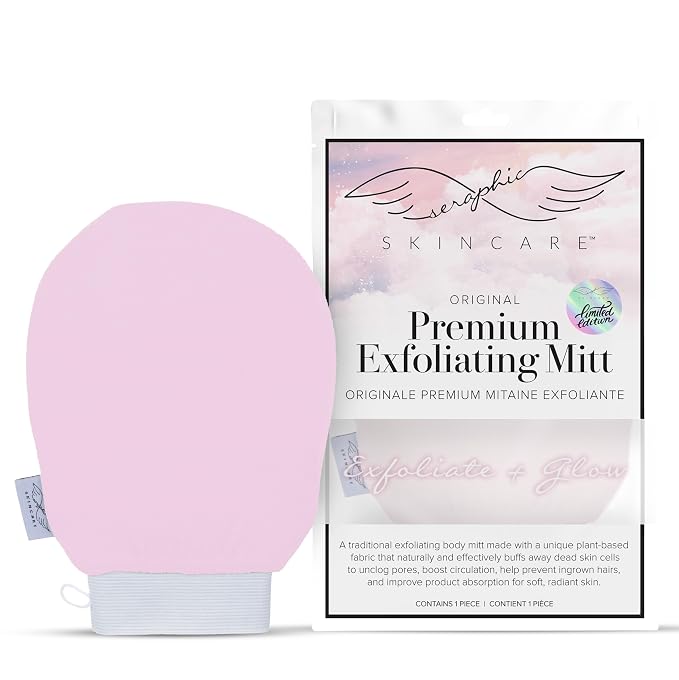 Seraphic Skincare Limited-Edition Pink Premium Exfoliating Mitt for Body 1pc – Exfoliating Glove & Body Scrubber for Shower Use, Deep Body Exfoliation, Dead Skin Removal & Self Tanner Washcloth