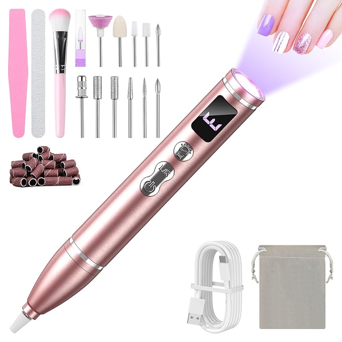 Cordless Electric Nail Drill with UV Light Lamp,Portable Nail File for Acrylic Gel Nails,LCD Display,12 Bits Rechargeable Nail Drill Kit 35000 RPM,Professional Manicure Pedicure Tools for Home