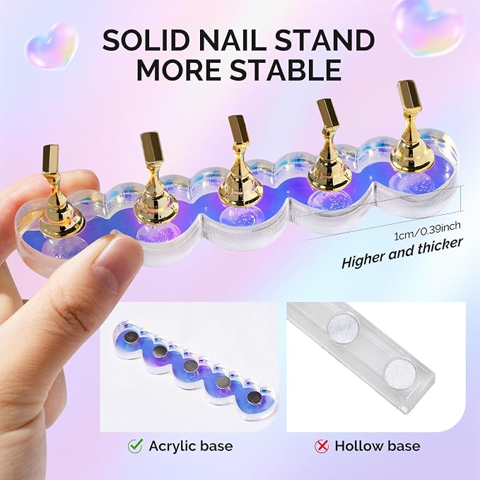 MelodySusie Nail Stand for Press Ons, 2 Sets Blue Heart Shape Acrylic Magnetic Base for Practice Display with Brush Holder and 100 Pcs Reusable Double-Sided Tape for Home DIY Salon Supplies