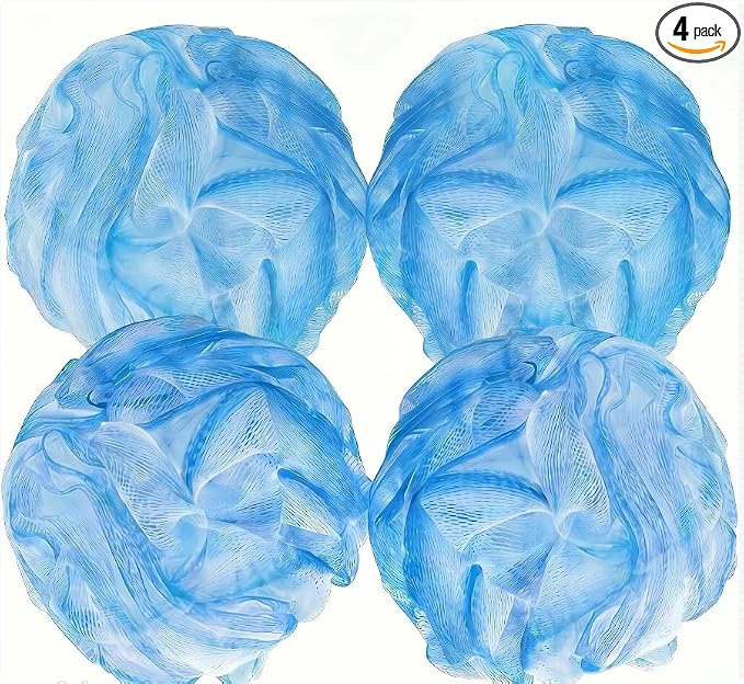 Loofah Bath Sponges - Gentle Exfoliating Shower Loofah for Rich Lather, Durable Mesh Body Scrubber for Men & Women 4 Pack (Sky Blue) | 10X Suds Save Body Wash Double Knotted Anti Tear Core Fast Dry Cotton Loop Stay Fresh Large Mesh for Sensitive Skin