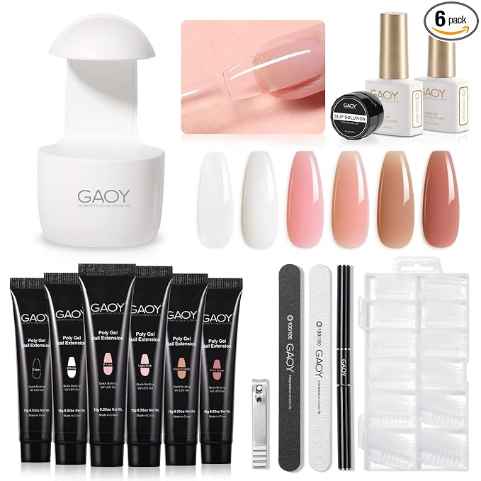 GAOY Poly Gel Nail Kit with U V Light, 6 Pcs Builder Gel Extension Kit for Beginners with Everything Nail Art DIY at Home