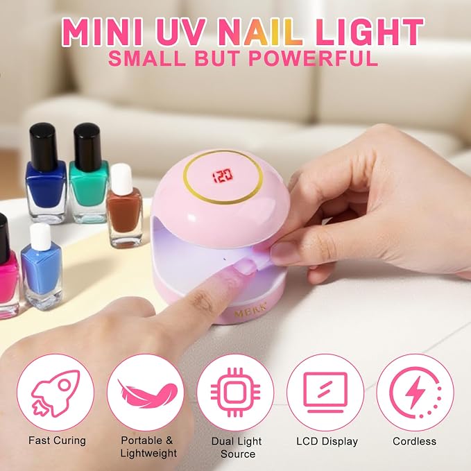 MEKK Mini Nail Lamp, 18W Cordless Single Finger UV Light for Gel Nails | Flash Cure, Portable for Travel/Home, UV Light for Detail Work, Auto-Sensor 4 Timers, Ideal for Beginners & Pros-Pink