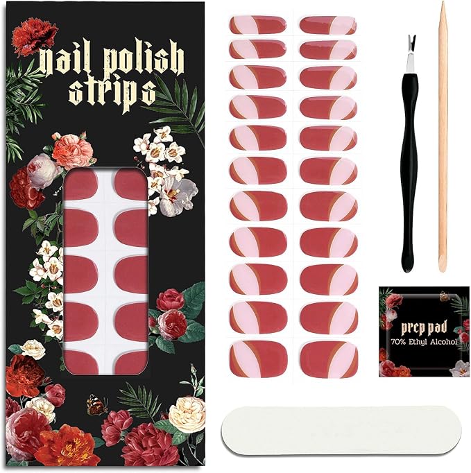 Nail Polish Strips - No UV Lamp Needed (GummyRing Red) | 22 Pcs Salon Quality Gel Nail Stickers - Long Lasting Wraps Easy Application and Removal