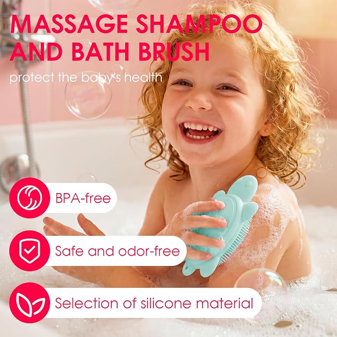 Baby Shower Brush,Kids Silicone Body and Back Exfoliating Mitt - Soft Bristles, Gentle Exfoliation, Cute Turtle Design Makes Children Love Bathing(Mint)