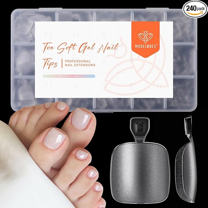 Modelones Toe Nail Tips Short Square Soft Gel Tips Squoval Fake Press Ons Toe Nails Matte Full Cover Pre-shape Extension Home DIY Salon 240Pcs 15Sizes