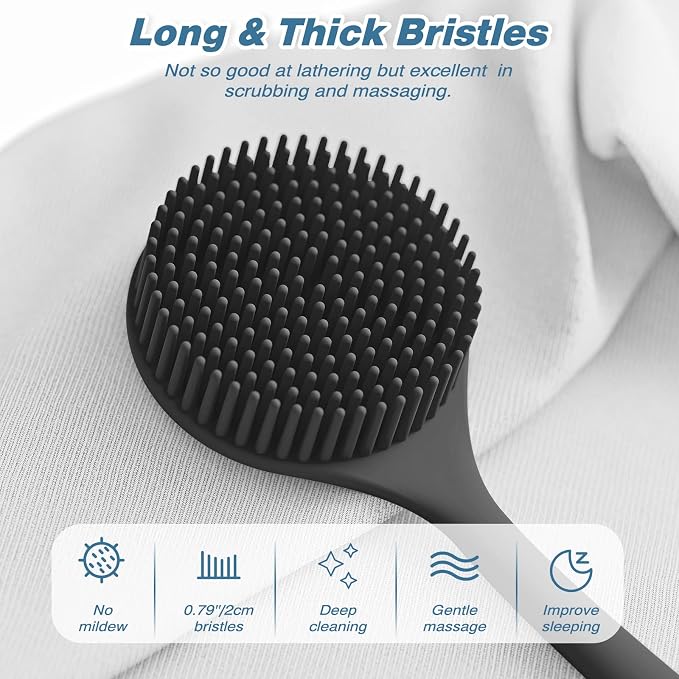 Manmihealth Silicone Back Scrubber & Soft Bath Glove Set 2PCS Black | Super-Exfoliating Body Scrubber & Super-Lathering Shower Brush Combination, Thick Bristles, with a Free Hook
