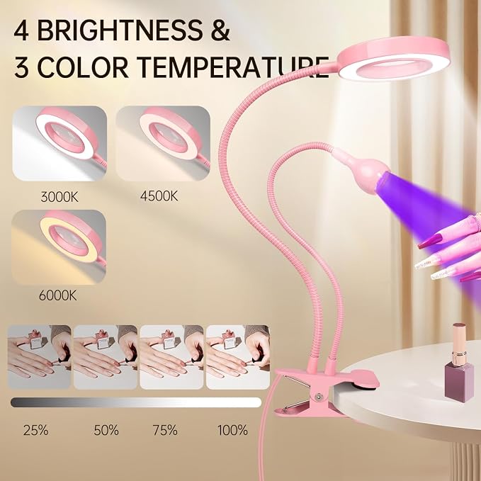 AORAEM LED UV Nail Lamp with Double-Head and 6X Magnifier, Pink | Gooseneck Lamp for Gel Nails, Flash Cure Lamp for Home DIY Salon