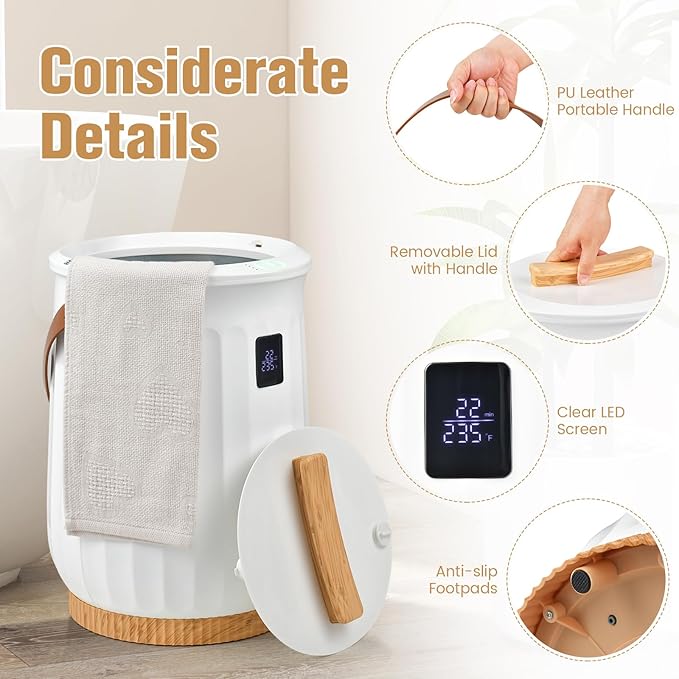 Tangkula Towel Warmer Bucket, 20L Towel Warmer w/LED Display, Timer & Fragrant Disc Holder, Bucket Spa Towel Heater w/PU Leather Handle, Auto Shut Off, Child Safety Lock & ETL Certification (White)