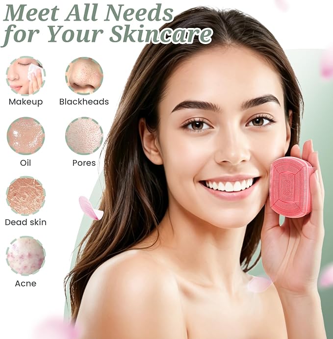 Silicone Back & Face Scrubber & Bath Glove Set 3PCS, 13.4'' Gentle Back Scrubber with Dual-Side Head, 360° Anti-Slip Bath Glove, Unique Side-bristled Face Scrubber for All-Round Cleaning(Pink)