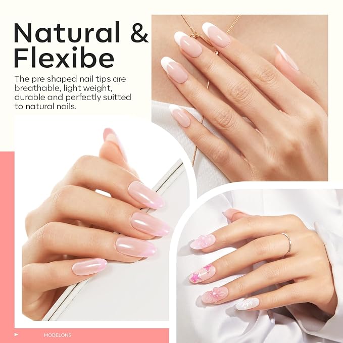 modelones X Nail Gel Kit Medium Oval, 9-in-One Nail Glue Mini UV Light | 216Pcs 12Sizes Pre-Etched Round Press ons Fake Acrylic Extension Kit DIY Salon Gift