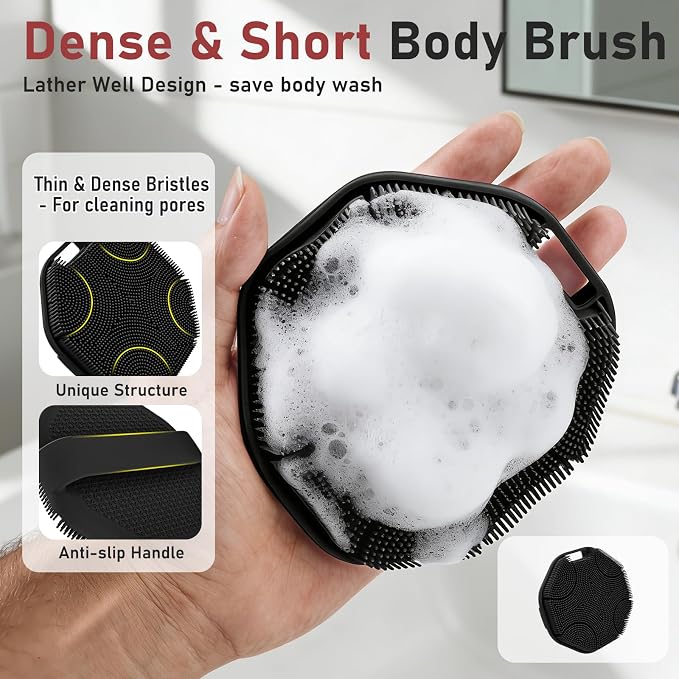 Back Scrubber for Shower 2 Pack, Silicone Body Scrubber with Long Handle, Detachable Body Wash Bath Scrubber Shower Scrub Brush -Dense Bristles Exfoliating & Lather Well for Women Men Black