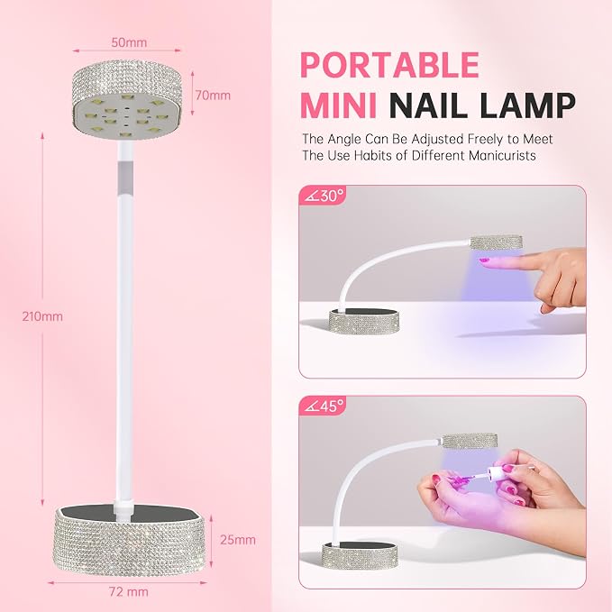 Flash Cure Nail Lamp, UV Nail Lamp for Gel Nail, Cordless, LCD, Auto Sensor | 36W | Type-C | 1500mAh | Rhinestone | Mini Size | Gooseneck | Easy to Carry | DIY Manicure | White Diamond