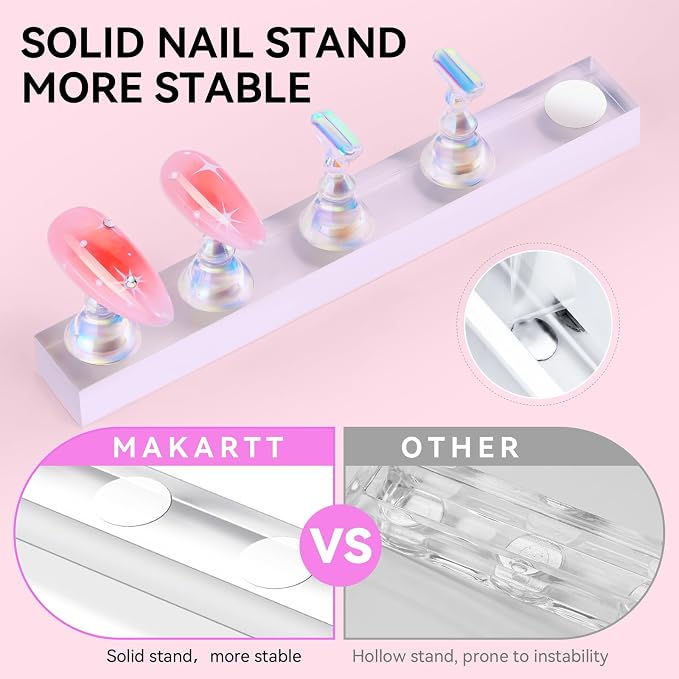 Makartt Nail Stand Kit: Magnetic Nail Holder for Press-On Nail Art Painting | Fake Nail Display Holder, Portable for Home DIY Beginner Salon Supplies, Reusable Putty Included, Aurora Pink & Clear Holders