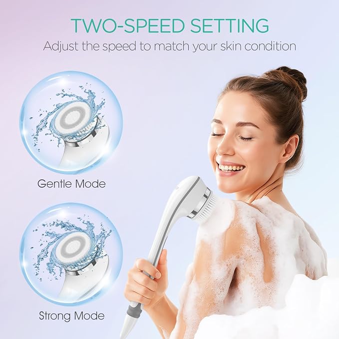 VOYOR Electric Body Brush Back Scrubber for Shower Rechargeable BC100, Grey | Exfoliating Bath Brush Powered Shower Brush with Non-Slip Long Handle Deep Cleansing, Exfoliation, Massaging Spin Brush