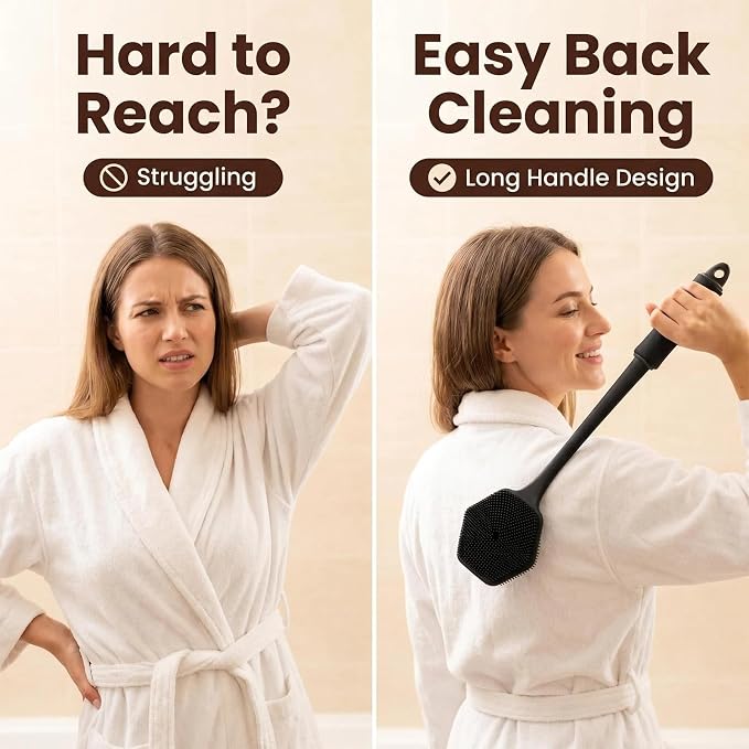 Silicone Back Scrubber & Face Scrubber Set,2Pcs Body Exfoliator | 17-Inch Long Handle with Bath Puff,Soft Exfoliating Brush for Back & Face,Deep Cleanse for Men Women Skin