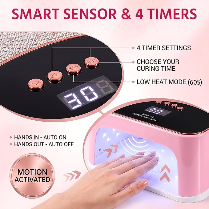 268W UV LED Nail Lamp with 4 Timers for Gel Nails, Pink | Gel nail dryer for home salon use. Ideal for DIY nail art enthusiasts and beginners with multiple timer settings