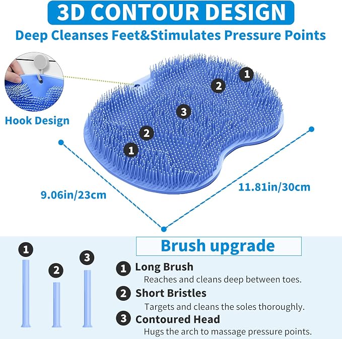 Shower Foot Scrubber Mat with 3 Types of Upgraded Brushes for Massage, Shower Back Scrubber with Micro Suction Cups,Back Washer,Shower Scrubber for Body at Home Spa (Sky Blue)