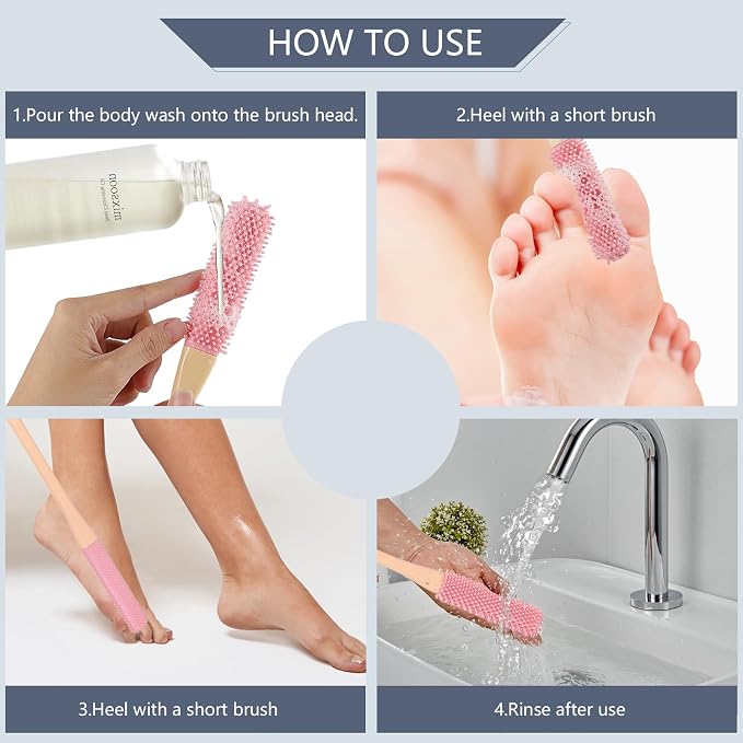 Toe Brush - 2 Pack Soft Silicone Long Handle (15.7") Shower Foot Cleaner for Elderly, Pregnant Women, Adults with Limited Mobility(Pink)