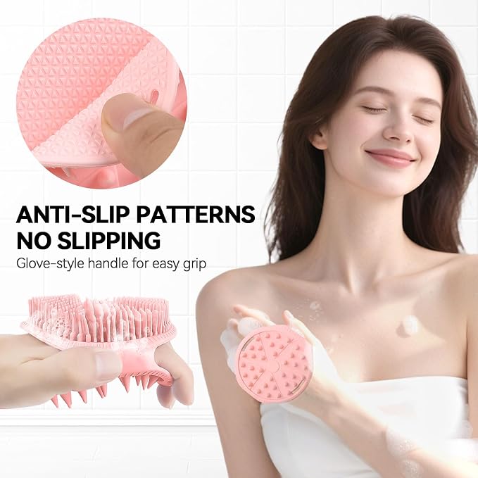 2-Pack Soft Silicone Dual-Sided Body Scrubber & Loofah | Gentle Exfoliating Shower Brush for Men & Women | Creates Rich Lather, Easy to Clean (Pink & Blue)