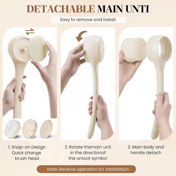 Electric Back Scrubber, Automatic Rotating Exfoliating Massage Bath Brush, Rechargeable, 2 Speed Settings for Cleansing, Exfoliating, and Massaging Skin. (Khaki)