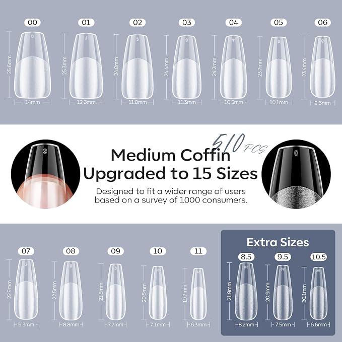 modelones X Nail Gel Kit Medium Coffin, Upgrade 510Pcs Fake Nails, 9-in-One Glue Prep Dehydrator & Portable Mini U V Light Acrylic Clipper, Coffin Tips Extension Kit for DIY Salon Home Gifts | Upgrade 510Pcs Medium Coffin Fake Nails Coffin Tips Extensi...