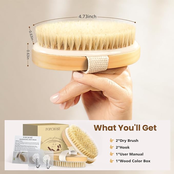 POPCHOSE Dry Brushing Body Brush, 2 Pack Boar Bristle Exfoliating Brush | Body Scrub for Smoother Skin: Supports Cellulite Treatment, Lymphatic Drainage and Blood Circulation Improvement