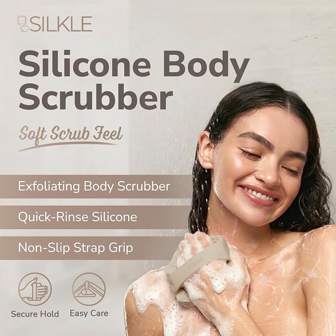 SILKLE Silicone Body Scrubber Exfoliator, Shower Scrubber & Silicone Loofah | Exfoliating Body Scrubber, Non-Slip Grip - Silicone Bath Brush & Shower Brush for Body, Quick-Rinse One-Piece Design - Clay