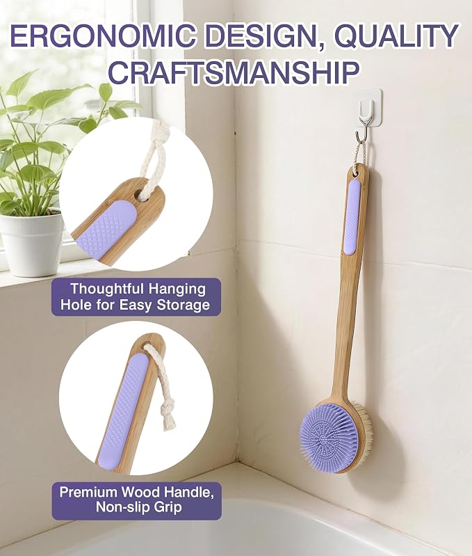 Back Scrubber for Shower - Double-Sided Silicone and Super-Dense Bristles for Deep Cleaning & Exfoliation, Bamboo Long Handle with Wider Anti-Slip Grip, Rich Foam, Durable (Purple)