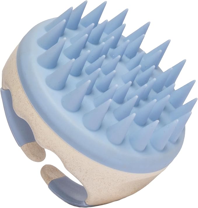 Hair Shampoo Brush and Scalp Exfoliator - Soft Silicone Scalp Massager Hair Growth Stimulator for Wet or Dry Hair - In Shower Scalp Scrubber for Dandruff Removal Made with Recycled Wheat Straw - Blue