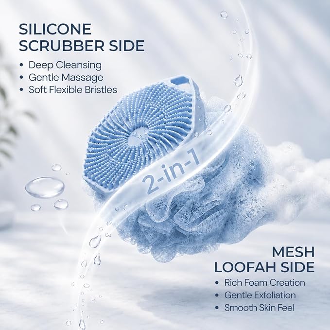 2-in-1 Silicone Body Scrubber & Mesh Loofah Sponge – Exfoliating Silicone Shower Scrubber with Soft Loofa Puff, Bristles, Non-Slip Grip, Quick Dry, Hygienic Body Scrubber for Women & Men
