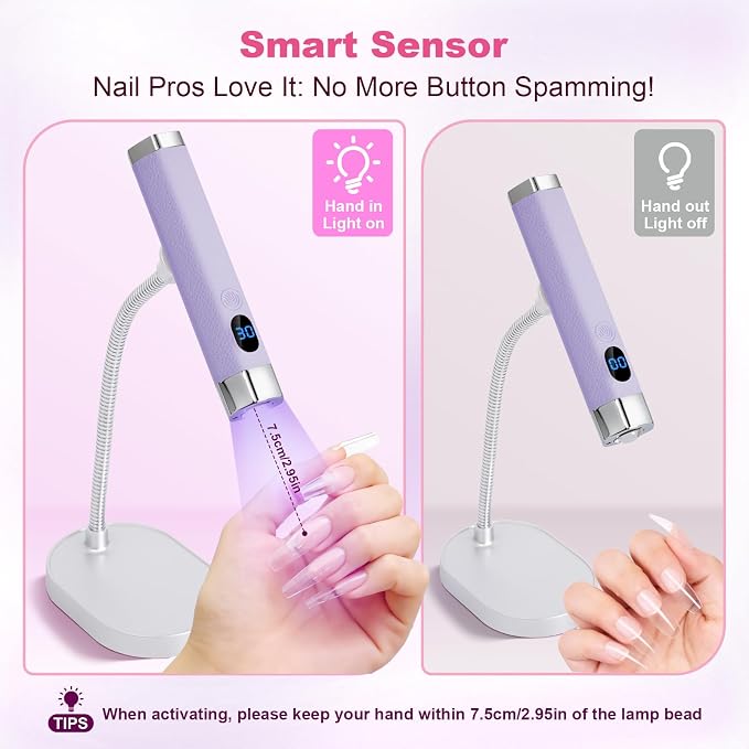 Mini Nail Lamp for Gel Nails with AI Sensor & Magnetic Stand,Rechargeable | Handheld or Handsfree Use,Flash Cure Nail Lamp for Gel X & Press on Nails,Gooseneck UV Light with LCD Display & 30/60s Timer