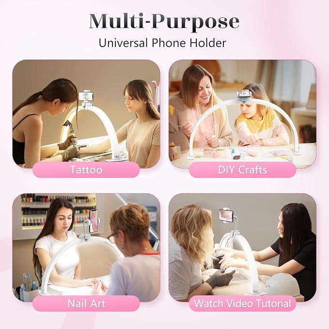 Yokilly Half Moon Light for Nail Desk: 23" Foldable Nail Light for Desk | Arch Nail Tech Light with Phone Holder for Beginner - 3 Color Modes & 10 Brightness for Manicure Salon-White